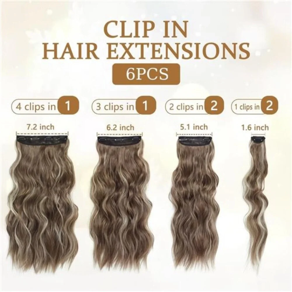 6PCS Long Wavy Curly Clip on Hair Extensions Medium Brown Mixed Ash Blonde